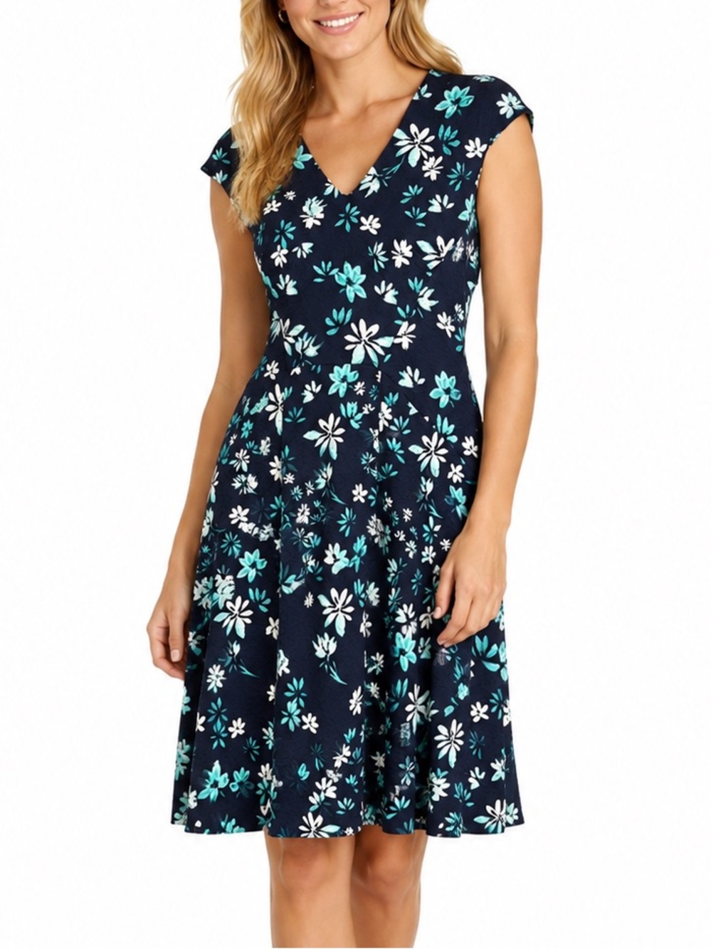 London Style Navy Blue Floral Fit & Flare Dress | Cap Sleeve | NWT